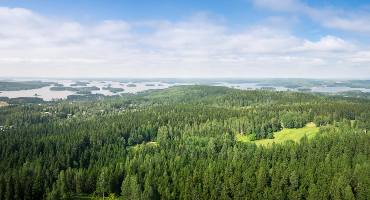 Aerial view of Finnish forests and lakes