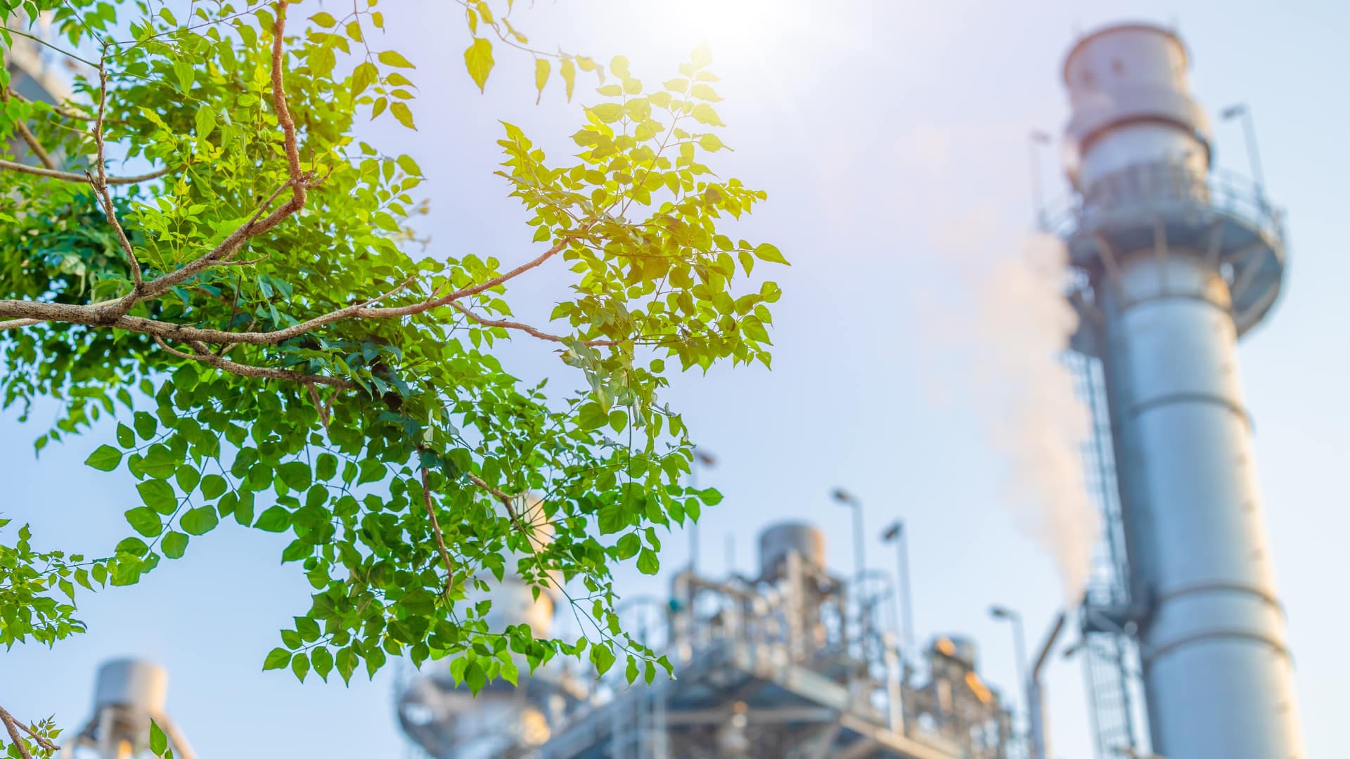 Industrial facility with green trees in the foreground
